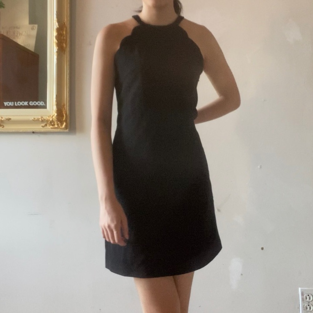 high neck halter scallop trim dress